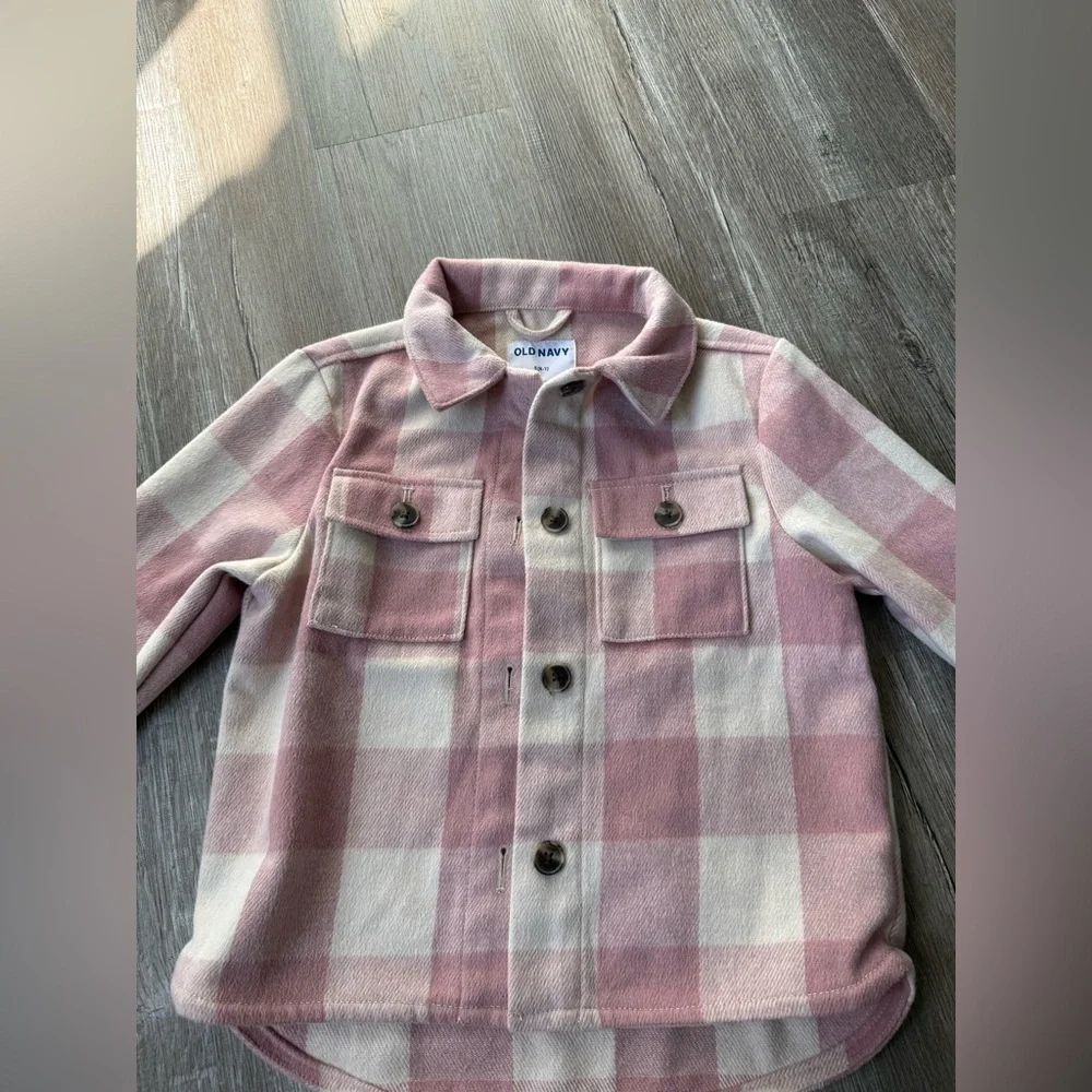 Old Navy Pink White Plaid Flannel Shacket Jacket Comfy Warm Size S 6 7